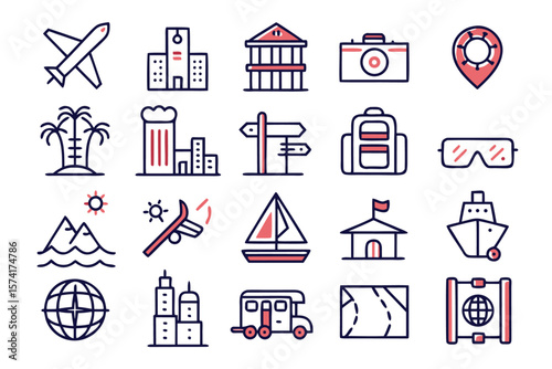 Comprehensive collection of travel and tourism symbols featuring editable stroke for versatile application in digital and print media projects