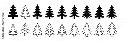 Black silhouette and outline variations of Christmas pine trees set on white