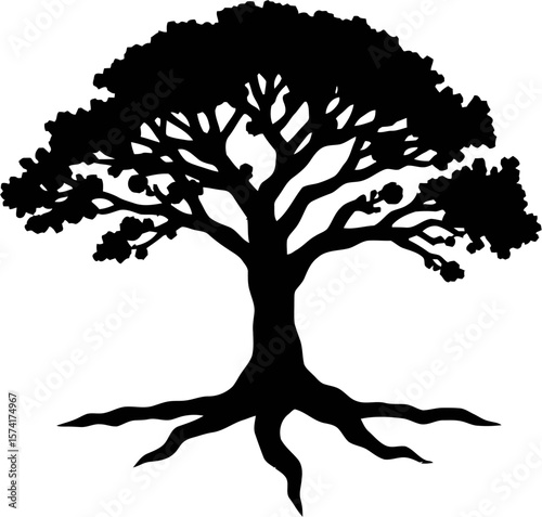 An extreme macro photograph of a black tree silhouette logo