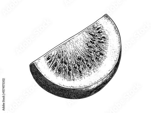 Watermelon slice engraving, vintage fruit art black ink, juicy melon summer design, antique sketch, hand-drawn illustration, old-fashioned food trend, rustic botanical drawing, farm fresh