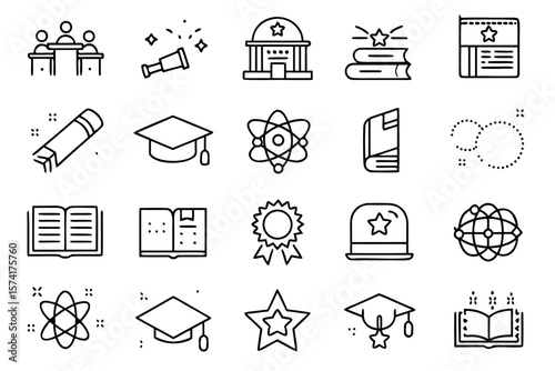 Comprehensive academic institution emblem collection featuring a graduation scroll and scholastic symbols in a refined minimalist outline style with vibrant color accents