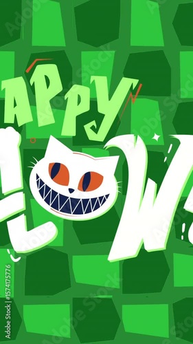 Happy Halloween text animation with grinning cat face over green geometric background