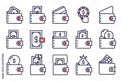 Comprehensive collection of essential financial and transactional symbols presented in a clean modern line art style perfect for digital interfaces and branding