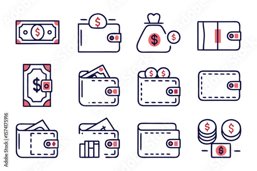 Comprehensive collection of clean modern line style icons representing various financial and transactional elements for digital interfaces and applications