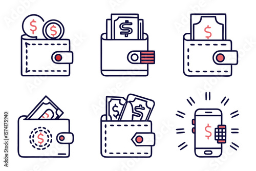 Comprehensive collection of clean modern line style icons for web and digital applications featuring essential elements for finance and commerce