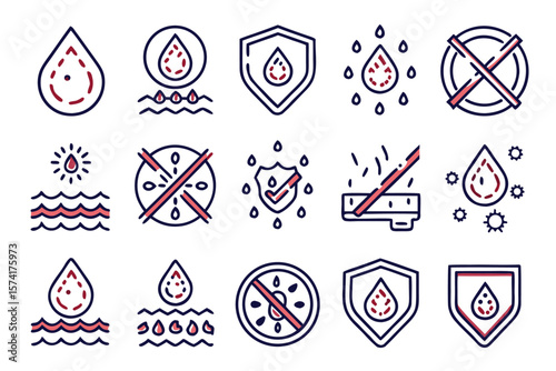 Comprehensive collection of waterproof and water related graphical elements featuring essential symbols for various applications and designs presented in a cohesive set