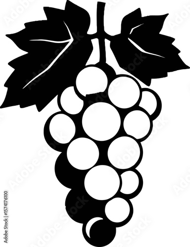 A high-resolution, commercially viable stock photo featuring a black and white vector silhouette of a grape icon against