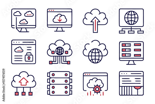 Comprehensive collection of clean line art symbols representing essential web hosting services and digital infrastructure perfect for online platforms and technical documentation