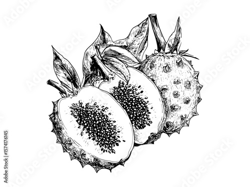 Hand-drawn dragon fruit engraving, vintage tropical decor, detailed black sketch, old engraving style, exotic fruit art, trendy tropical illustration, botanical fruit drawing, nature inspired design,