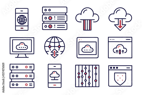 Comprehensive collection of essential web hosting and internet service symbols presented in a clean modern line art aesthetic for digital projects