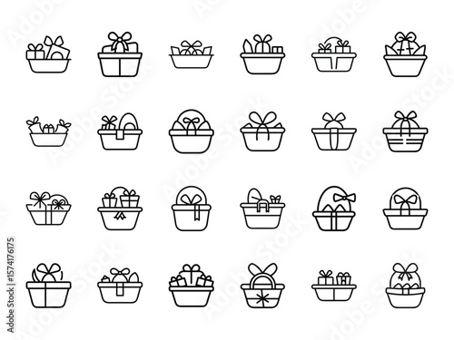 Bundle of Gift Basket Icons in Silhouette Line Art Style on White Background – Holiday Hamper, Present Basket, and Celebration Container Vector Set for Festive Packaging and Event Design