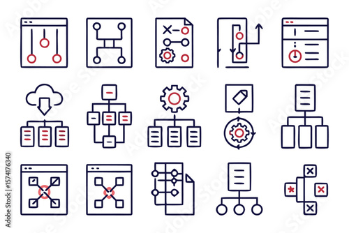 Comprehensive collection of crisp clean line graphics illustrating business processes operational steps and organizational structures with a professional aesthetic