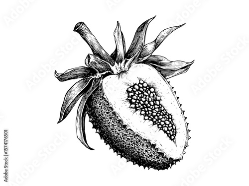 Dragon fruit engraving, detailed exotic sketch, vintage tropical decor, hand-drawn black sketch, old engraving style, trendy fruit art, botanical illustration, tropical exotic plant, natural texture,