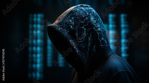 Mysterious hacker shrouded in darkness, wearing a hoodie with circuit patterns glowing a cool blue hue, suggesting technology and coding.