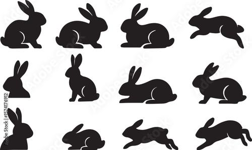 Rabbit silhouette collection black bunny animal poses icon set vector