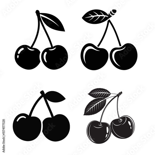 Collection of four black cherry icons with stems and leaves on white background

