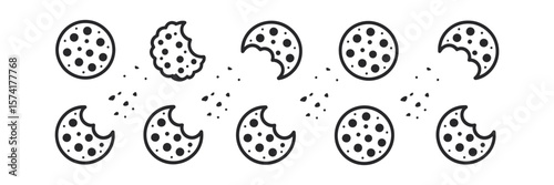 Cookie with Bite Missing Pattern on White Background, Round Bitten Chip Cookies Icons