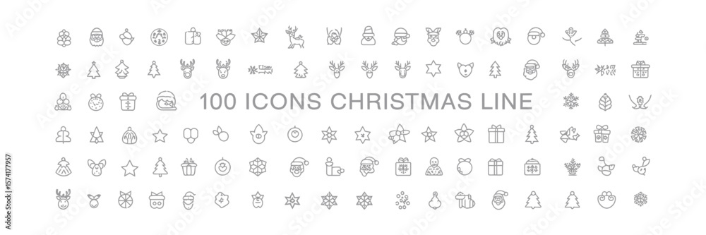 Fototapeta premium Christmas Icon Set, Line Style, Reindeer, Santa, Present, Christmas Tree, Snowflake