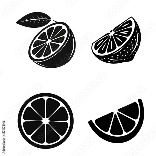 Black and white graphic design of citrus fruit slices and leaves
