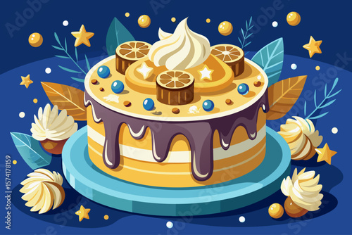 vector of Delicate and Delicious Birthday Cake with White and Gold Decorations
