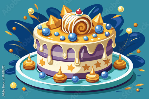 vector of Delicate and Delicious Birthday Cake with White and Gold Decorations