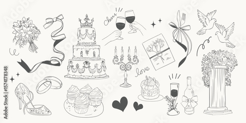 Vintage Wedding Sketch Elements Collection.  Perfect for romantic invitations, greeting cards, or wedding stationery designs.