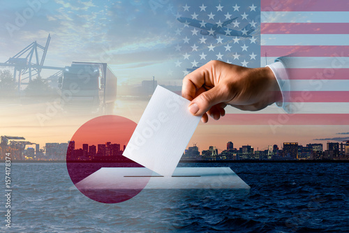 International voting concept, symbolic USA-Japan relationship, global policy metaphor