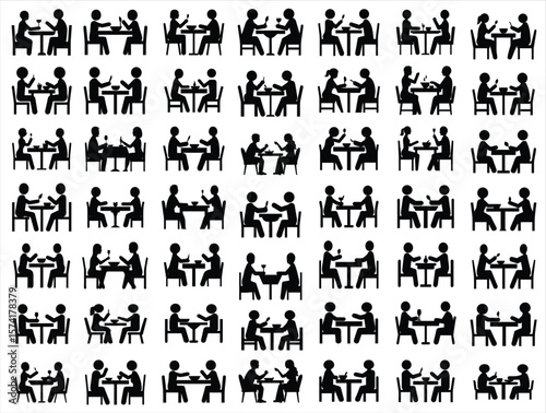 A collection of silhouetted icons depicting people sitting at tables eating, drinking, and interacting in various scenarios suggesting dining or social gatherings.