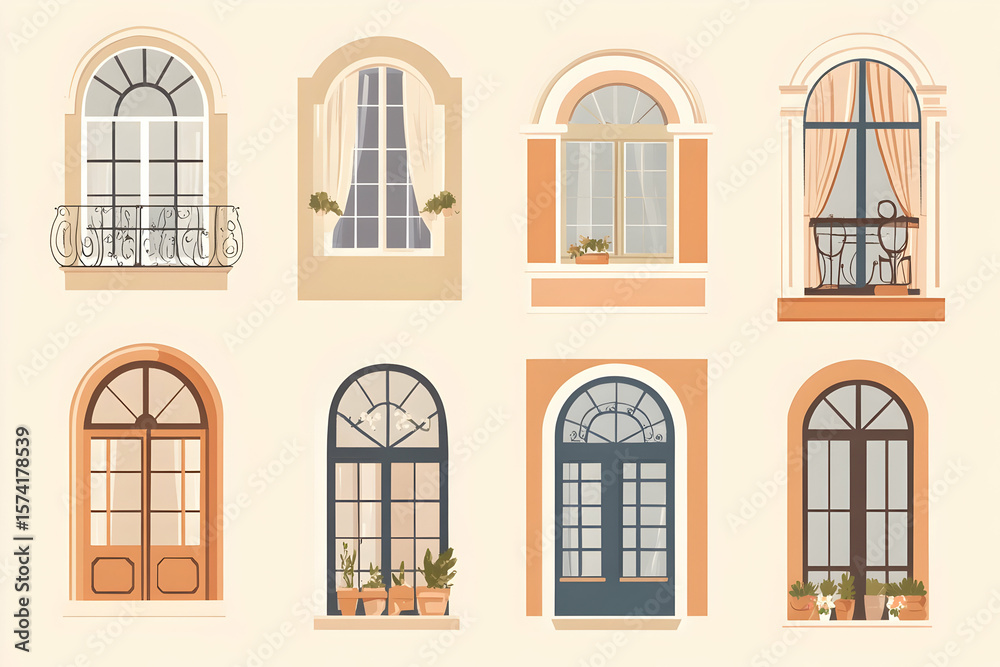 Obraz premium Charming mediterranean-style windows with balconies and potted plants