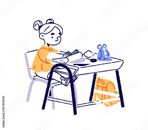 Happy kid is clay modeling at the desk in school. Cute little girl creates statuettes in class. Creative child does art at the table. Flat isolated outline vector illustration on white background