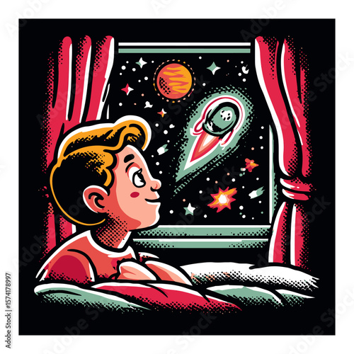 Curious Boy Gazing at Comet from Window in Colorful Cartoon Style