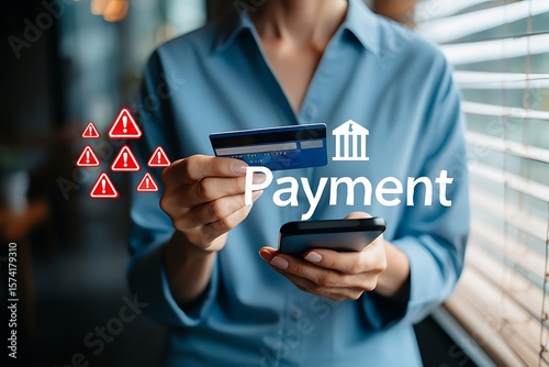 Person holding a credit card and smartphone with a payment icon and multiple warning symbols indicating potential issues or alerts during a transaction