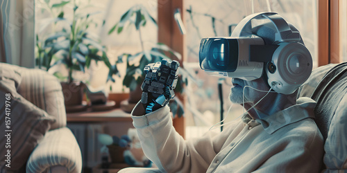 Person wearing VR headset playing with controller, Virtual reality gaming experience, Individual using VR headset in home

