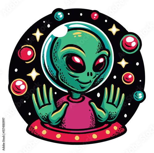 Colorful Cartoon Alien Character with Cosmic Elements and Vibrant Style