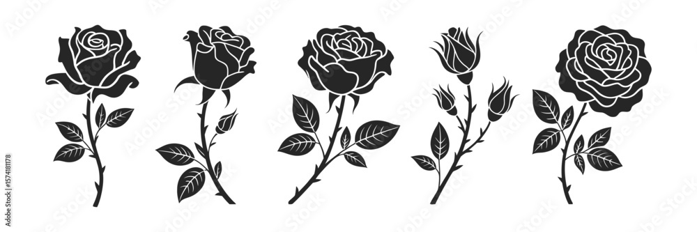 Isolated Rose Silhouettes Set Floral Design Elements with Branches and Leaves Isolated Rose Silhouettes Set Floral Design Elements with Branches and Leaves