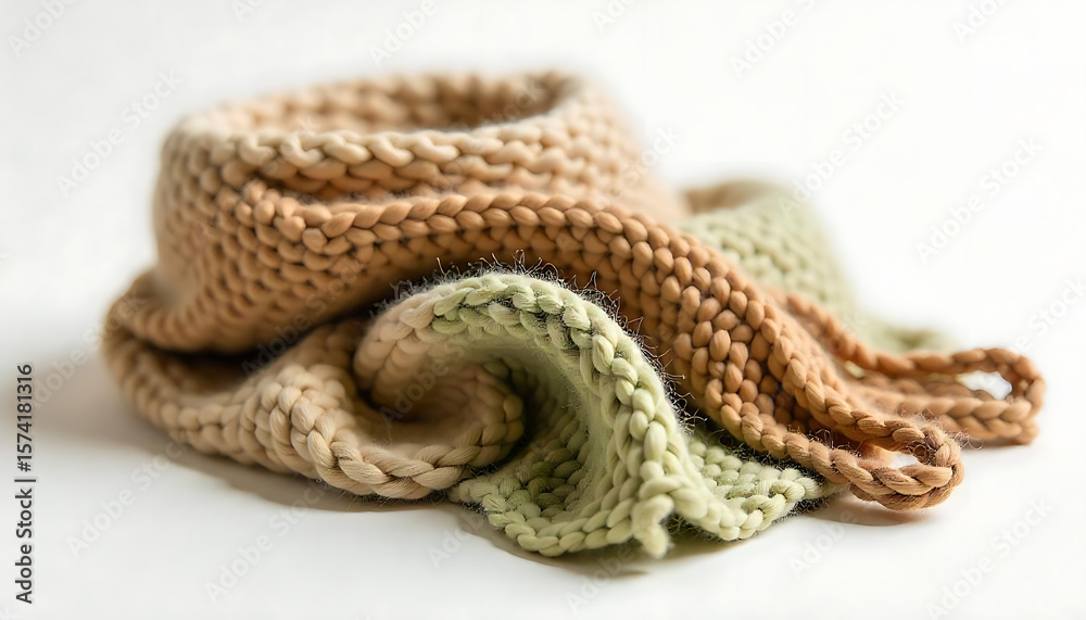 Obraz premium close up of a knitted wool scarf, A collection of three tightly rolled, striped knit blankets in beige, cream, and green, with a soft texture, captured in 4K and HD image
