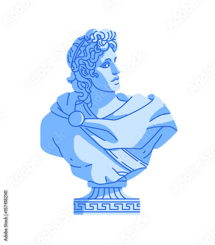 Antique Greece statue of Apollo. Ancient marble bust of Greek God. Old portrait sculpture, figurine of man. Roman mythology and culture. Flat isolated vector illustration on white background
