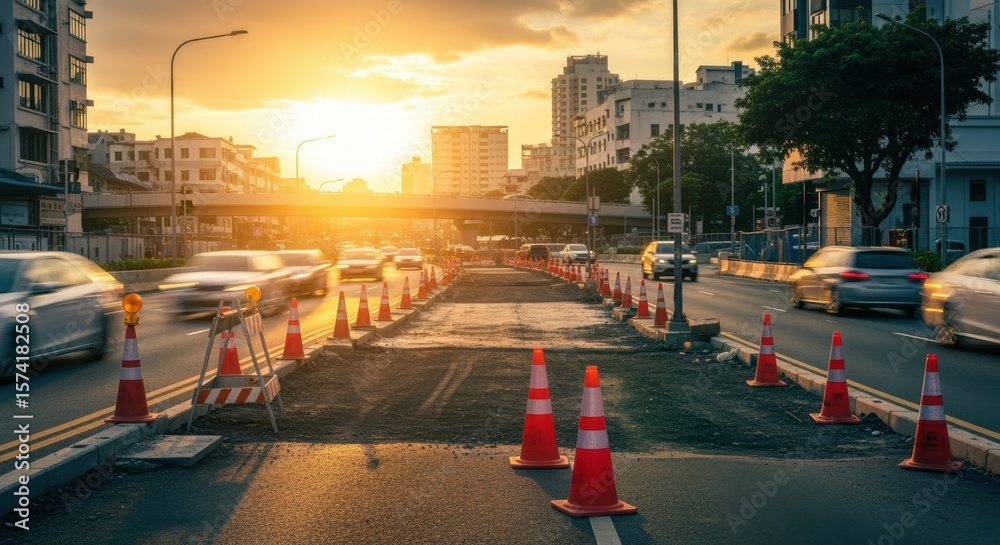 Obraz premium Cars driving along a bustling city street during sunset, weaving around traffic cones and navigating a construction zone in the middle of the road, create a scene of urban life in motion