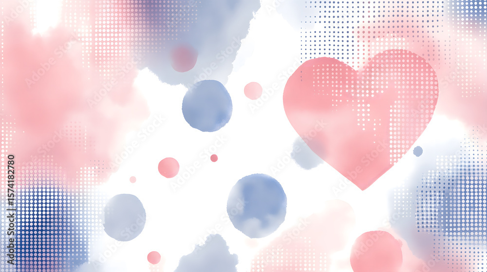 Obraz premium beautiful abstract watercolor artwork shadesf blue and pink featuring heart shape symbolizing love accented circular polka dot patterns.
