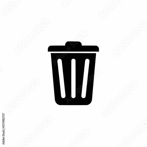Minimalist flat icon of a trash can or garbage bin in solid black silhouette,