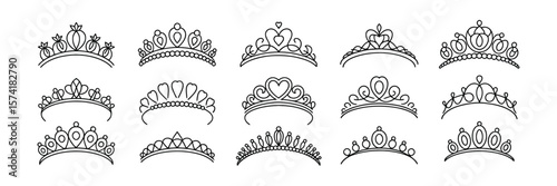 Outlined Headdresses Collection. Various Elegant Ornate Crowns on Transparent Background