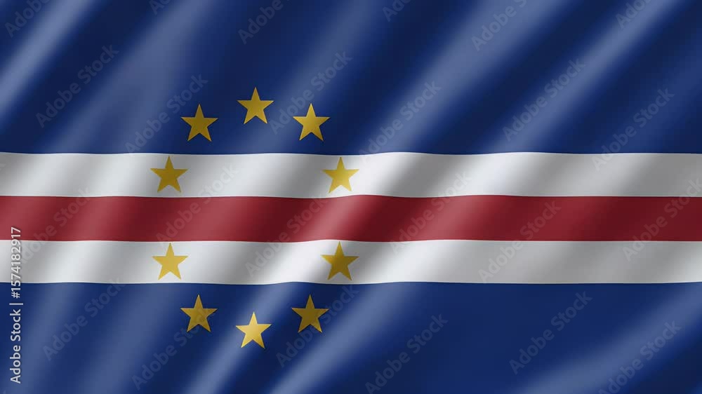 4K seamless loop footage of the Cape Verde flag waving gently. Features blue, red, white, and yellow stars, symbolizing national identity, unity, and independence. Ideal for patriotic content.