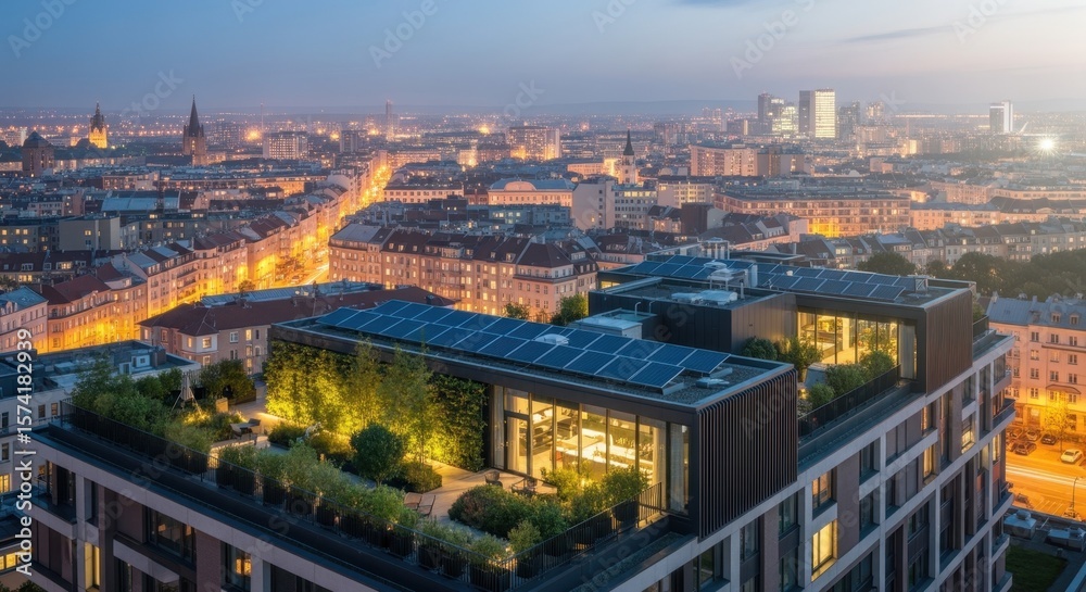 Obraz premium Stunning rooftop garden with lush greenery and solar panels sits atop a modern building, overlooking the illuminated cityscape at dusk, showcasing sustainable urban living