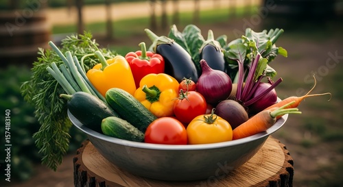 Freshly picked organic vegetables are displayed in a metal bowl, showcasing a colorful mix of farm produce for healthy cooking.