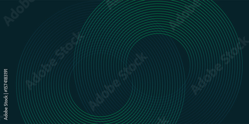 Abstract futuristic background with intertwined circular lines forming a yin-yang style pattern. Elegant dark teal gradient with fine green stroke detail