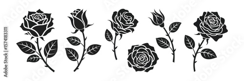 Rose silhouettes with stems and leaves set against a white background in black color