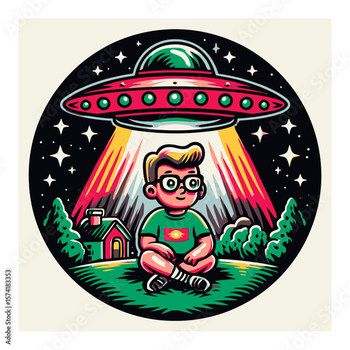 Cartoon Boy Watching UFO in a Colorful Night Sky with Mountains and Clouds