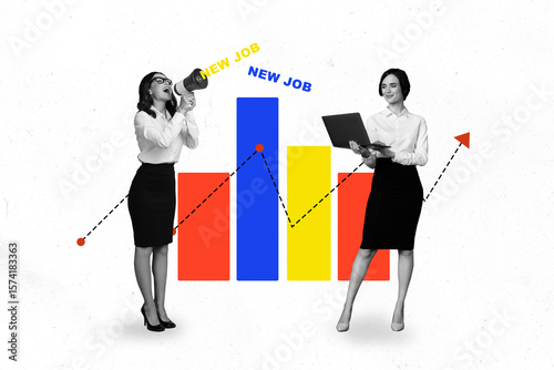 Poster sketch image artwork 3D collage of two young lady stand work laptop proclaim megaphone hr candidate new job goal business success