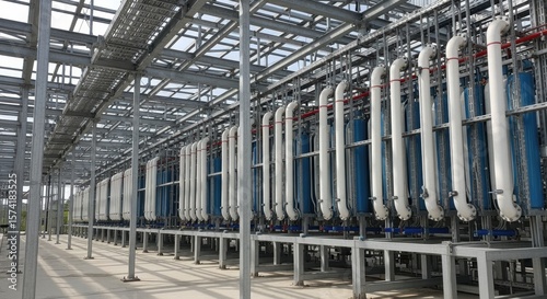 Industrial pipelines transporting brackish water inside a reverse osmosis desalination plant, purifying it into drinking water, ensuring a sustainable supply for communities