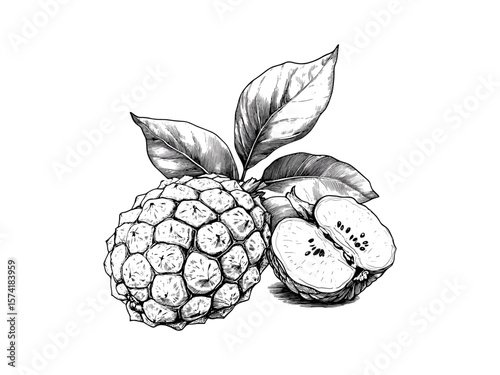 Custard apple segment engraving, tropical fruit vintage sketch, retro black botanical illustration, rustic decor artwork, exotic fruit ink drawing, farmhouse fruit kitchen poster,